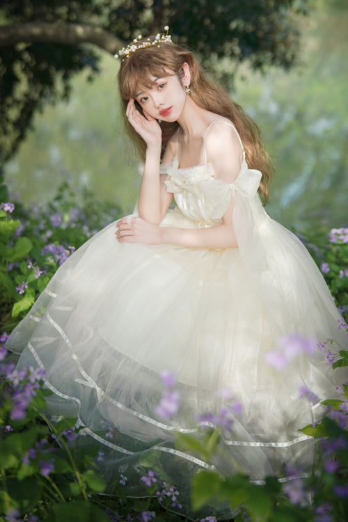 Beige Small Ballet High Waisted Bowknot Chiffon Short Version Sweet Lolita JSK Dress