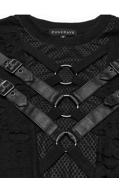 Black Short Sleeves Stitching Mesh Ripped Strap Men's Punk T-Shirt