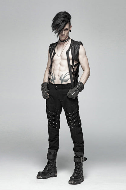 Black Sleeveless Metal Buckles Hollow Faux Leather Men's Steampunk Vest
