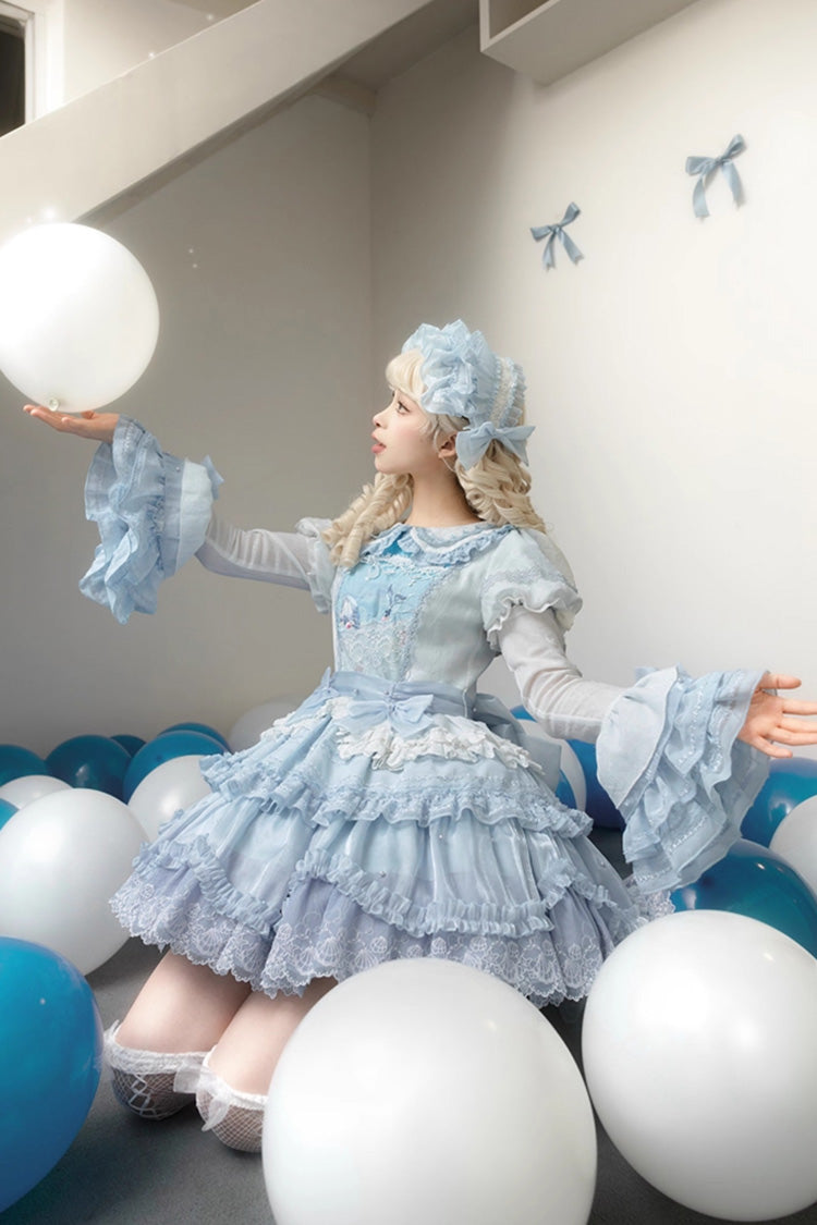 Blue [Whale] Lapel Collar Short Sleeves Triple-Layered Ruffle Embroidery Sweet Lolita Dress