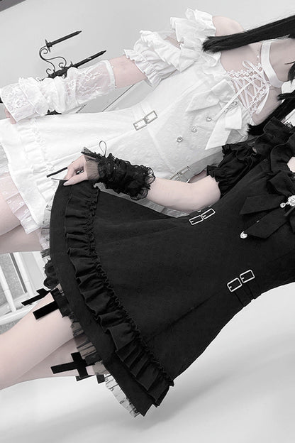 Black/White Halterneck Short Sleeves Ruffle Bowknot Lace Jirai Kei Japanese Dress 2 Colors