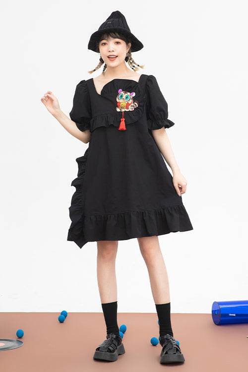 Black Ruffled Square Collar Cute Tiger Embroidered Bubble Short Sleeves High Waisted Sweet Lolita Dress