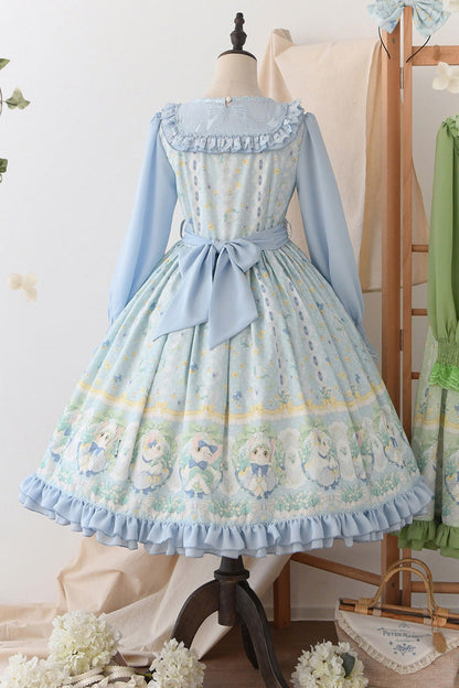 Blue [Lily of the Valley Cat] Print Ruffle Embroidery Bowknot Sweet Lolita Dress