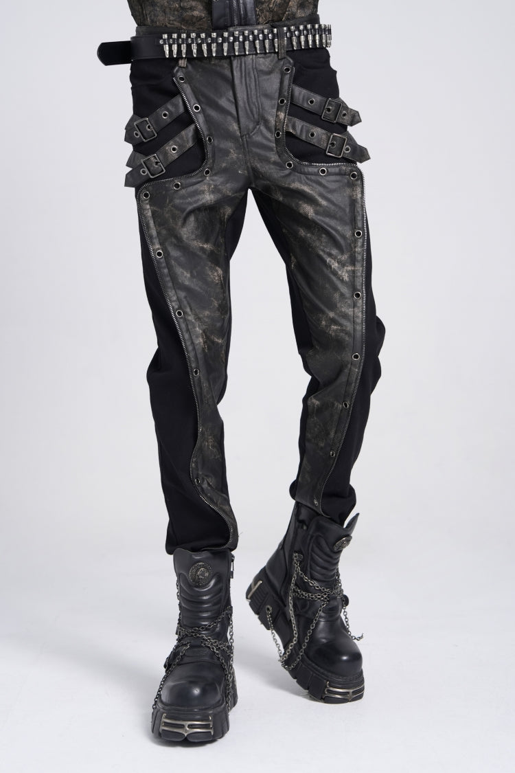 Black/Grey Faux Leather Stitching Buckle Men's Punk Pants