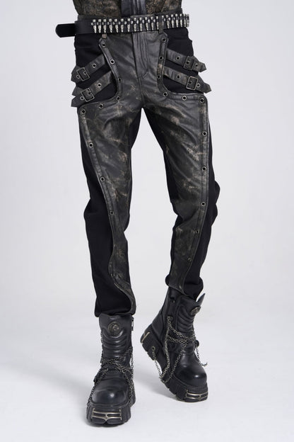 Black/Grey Faux Leather Stitching Buckle Men's Punk Pants