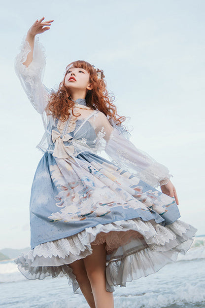 Blue Chinese Mythology Print High Waist Lace Trim Sweet Lolita JSK Dress
