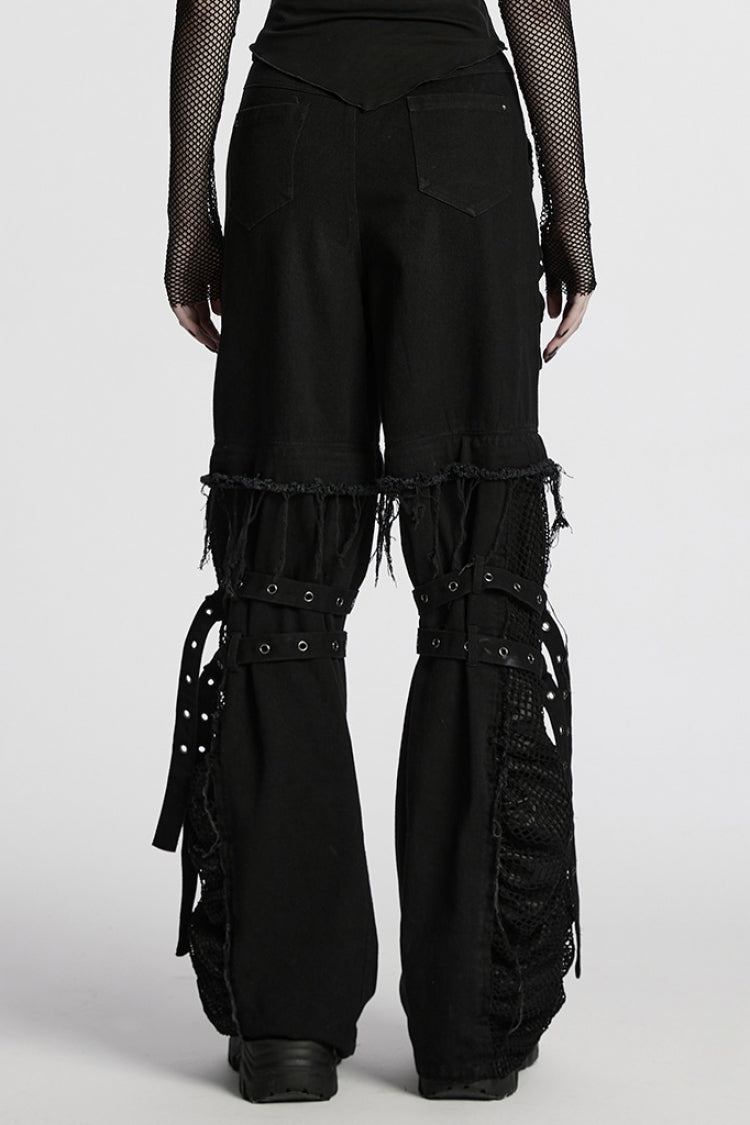 Black Stitching Mesh Unedged Detachable Women's Punk Pants