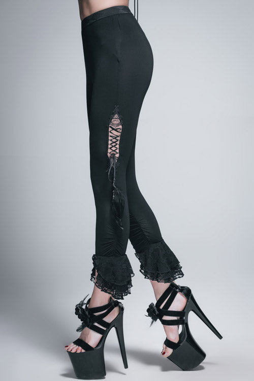 Black Side Hollow Out Lace Up Slit Lace Hem Gothic Womens Pants