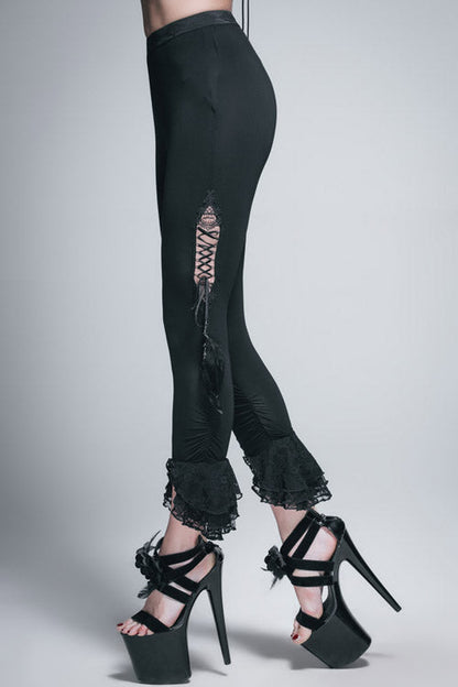 Black Side Hollow Out Lace Up Slit Lace Hem Gothic Womens Pants