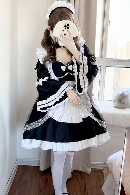 Black/White Maid Long Hime Sleeves Ruffle Bowknot Sweet Plus Size Lolita Dress Full Set