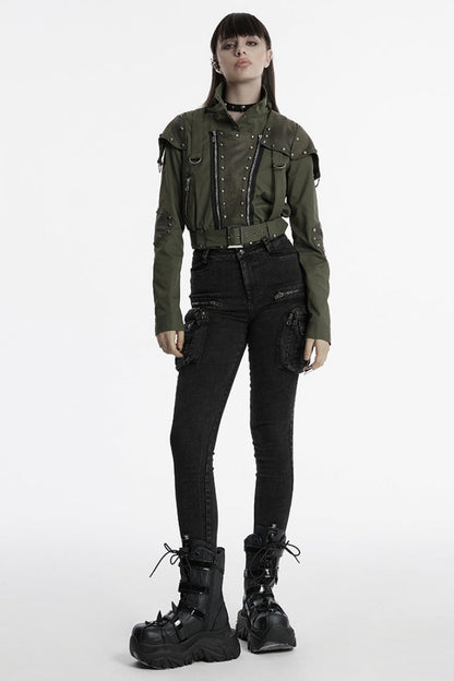 Green Stand Collar Long Sleeves Stitching Faux Leather Women's Gothic Military Jacket