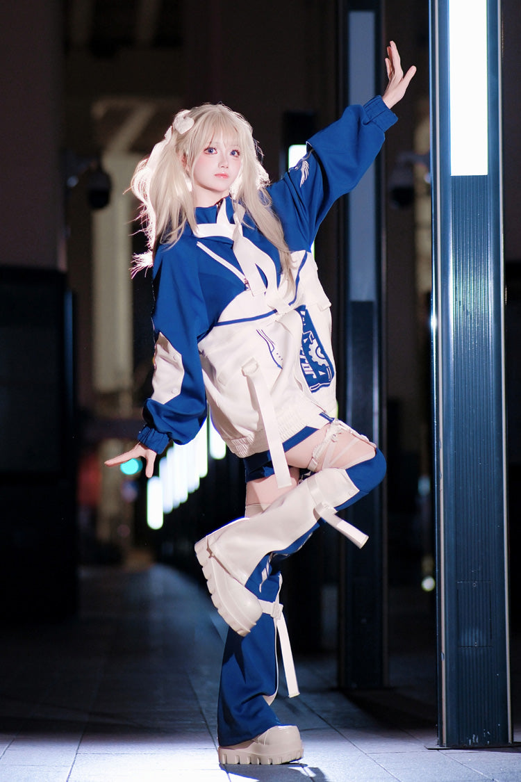 White/Blue [Zero-Type Transformation] Techwear Long Sleeves Embroidered Hooded Punk Jirai Kei Shorts Coat Set