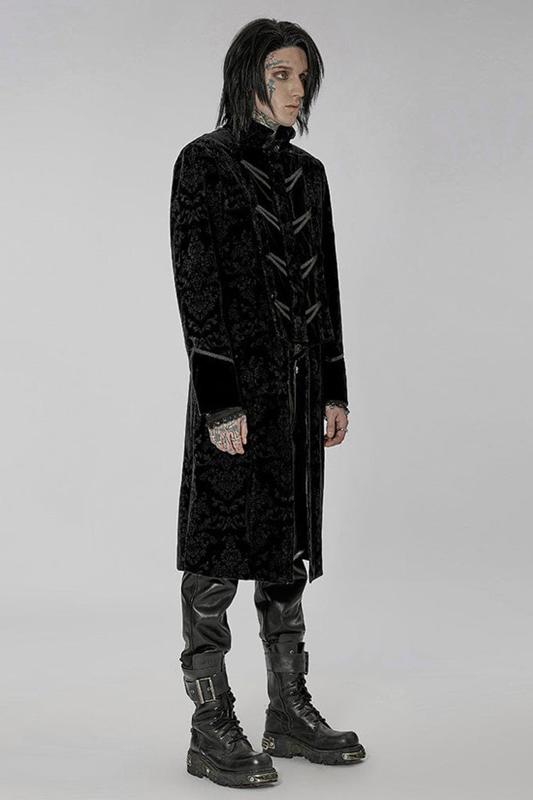 Black Punk Weft Velveteen Print Splicing Stand Collar Lacework Decorate Long Men's Coat