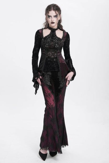 Red Floral Embroidery Stitching Lace Women's Gothic Pants