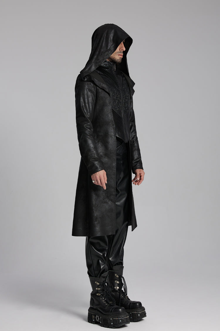 Black Zip Pleated Hooded Men's Gothic Jacket