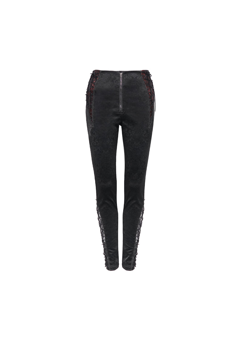Black Textured Pattern Lace Decoration Metal Zipper Mid-High Waist Tie Women's Gothic Trousers
