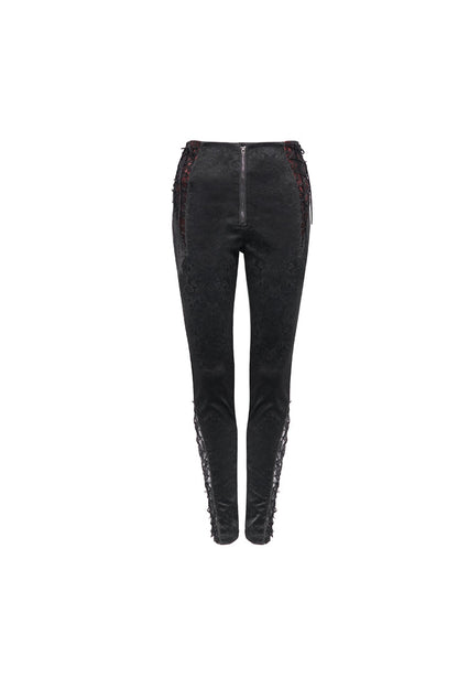 Black Textured Pattern Lace Decoration Metal Zipper Mid-High Waist Tie Women's Gothic Trousers