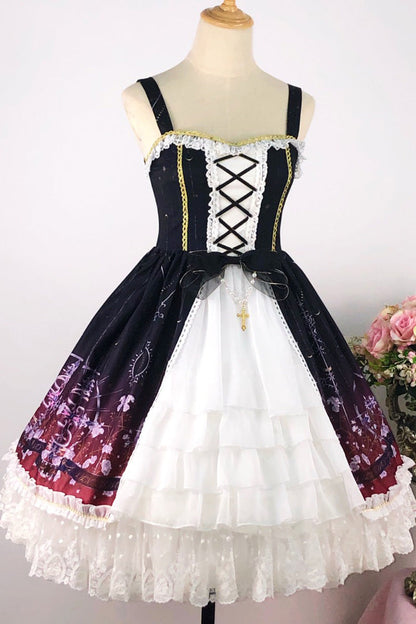 Black/Red Sleeveless Gradient Print Ruffle Cardigan Bowknot Lace-Up Sweet Elegant Lolita Jsk Dress