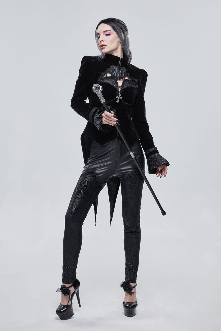 Black Vintage Shiny Jacquard Bat Cutout Applique Women's Gothic Jacket