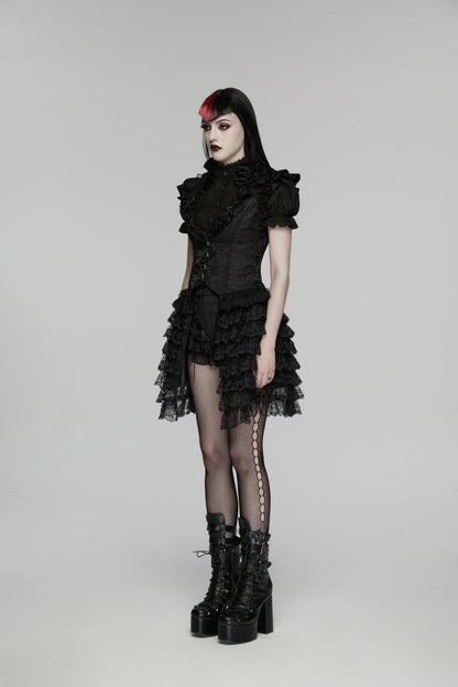 Black V Collar Short Sleeves High Waisted Jacquard Ruffled Cut-Out Embroidered Lace Slim Women's Gothic Vest