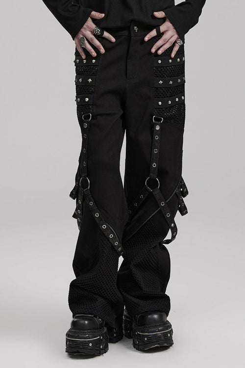 Cracked Leather Stitching Metal Rivet Decoration Mesh Men's Steampunk Pants 2 Colors