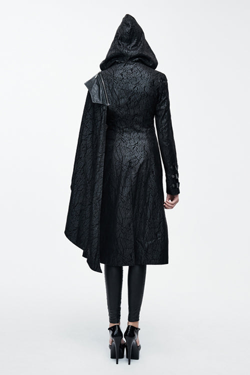 Black Punk Hooded One Side Shawl Gothic Pattern Womens Leather Long Coat