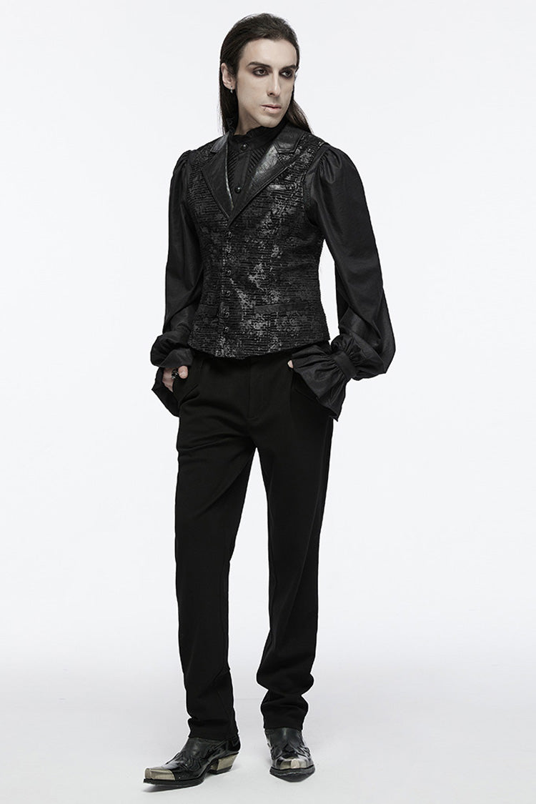 Black V Collar Sleeveless Print Skull Buckle Men's Gothic Vest