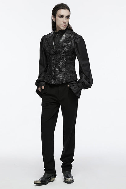 Black V Collar Sleeveless Print Skull Buckle Men's Gothic Vest