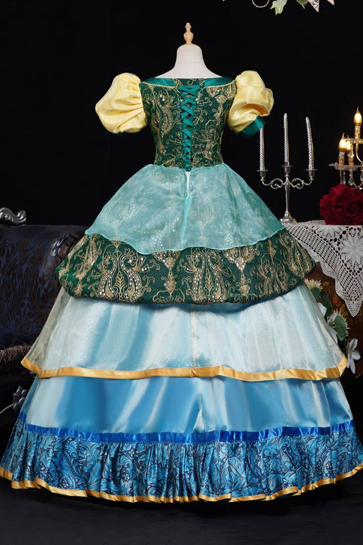 Blue/Green Square Collar Short Lantern Sleeves Multi-Layered Ruffled Embroidered Lace Gothic Vintage Princess Palace Lolita Victorian Dress