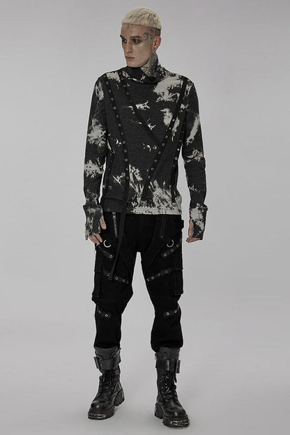 Black/White Punk Asymmetric Metal Buckle Side Button Tie Dye High Neck Basic Long Sleeve Men's Shirt