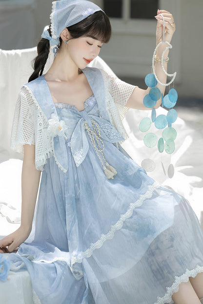 Blue [Clouds Resting in the Wilderness] Print Ruffle Embroidery Bowknot Lace Irregular Lolita Jsk Dress