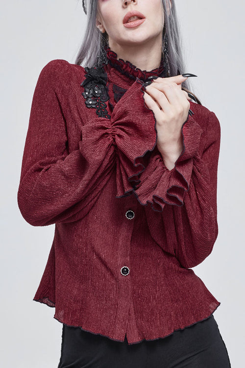 Red Lace High Neck Three Dimensional Embroidered Lantern Trumpet Sleeves Women's Gothic Shirt