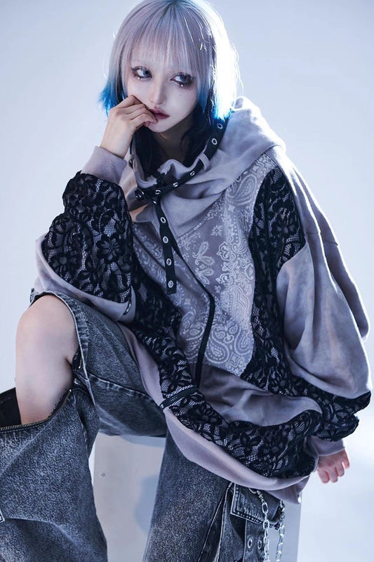 Color Blocking Long Sleeves Print Hooded Tie-dyed Zipper Jirai Kei Japanese Coat