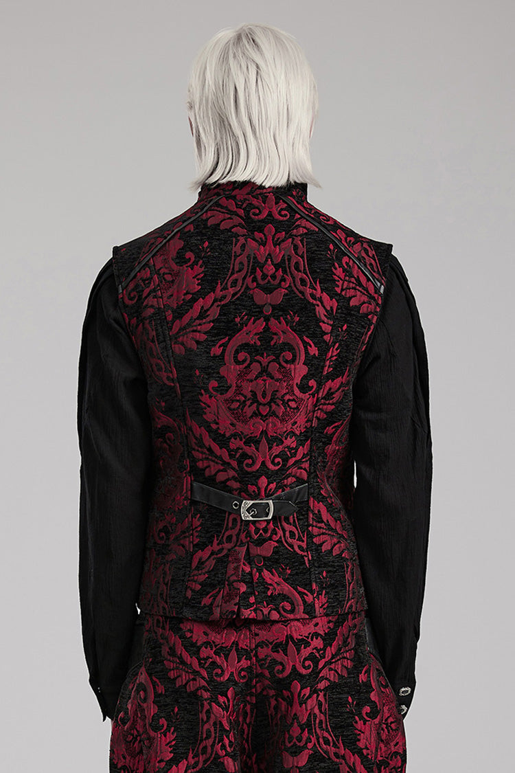 Black/Red Men's Stand Collar Jacquard Print Stitching Metal Ring Decoration Gothic Vest