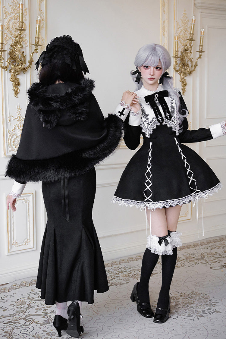 Black/White [Rose Doll] Square Collar Long Sleeves Bowknot Lace-Up Gothic Lolita Dress Set 2 Versions
