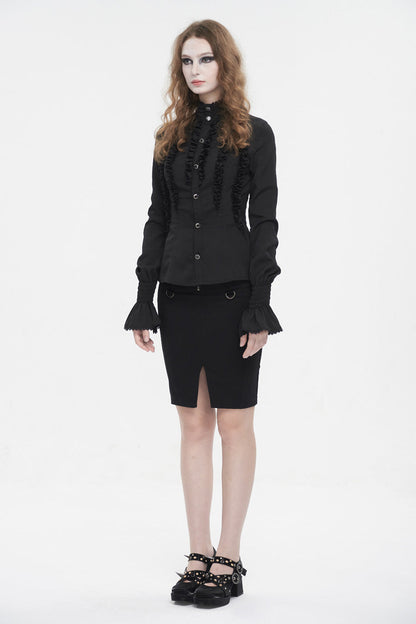 Black Stand Collar Ruffled Long Sleeves Women's Gothic Shirt