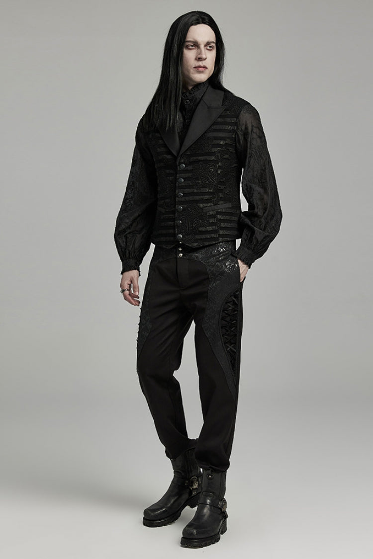 Black V Collar Jacquard Stripes Print Men's Gothic Vest