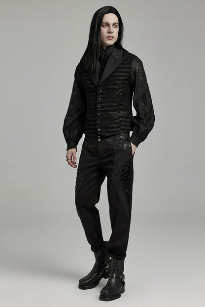 Black V Collar Jacquard Stripes Print Men's Gothic Vest