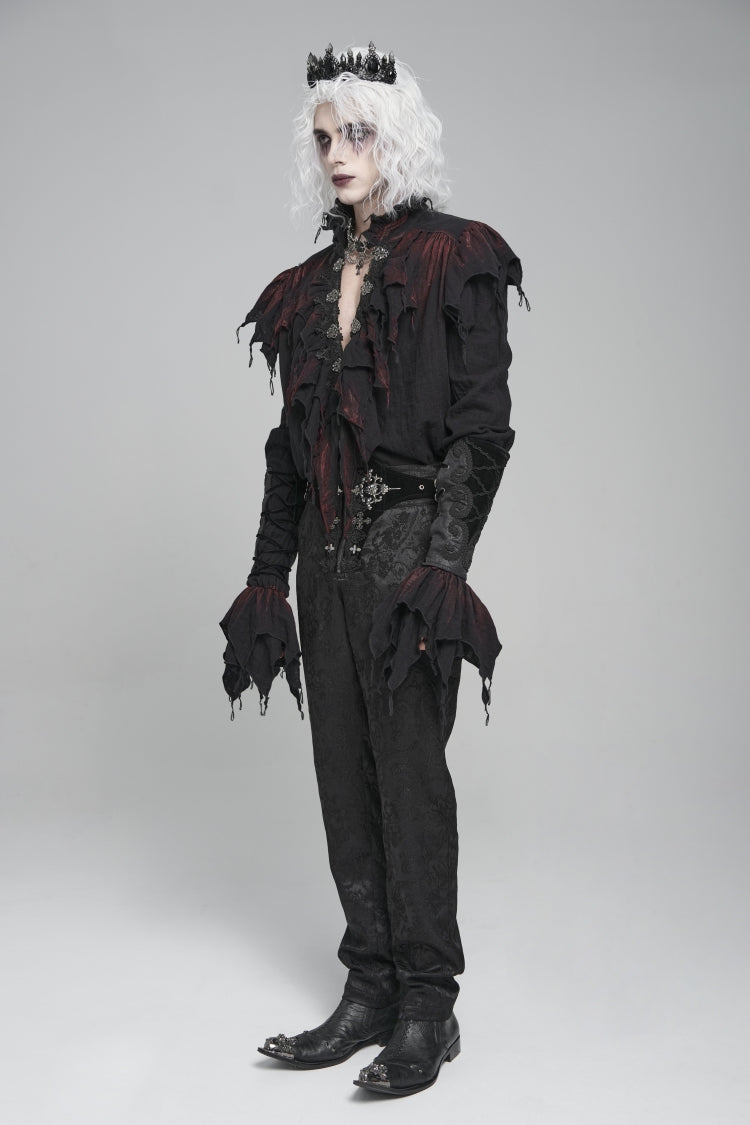 Black/Red Stand Collar Long Sleeves Ruffled Men's Gothic Plunging Shirt