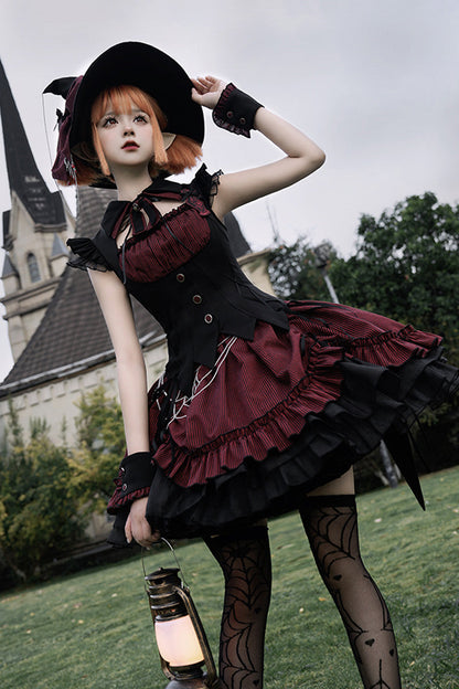 Black/Red [Potions] Sleeveless Triple-Layered Ruffle Bowknot Lace Gothic Lolita Dress 2 Colors