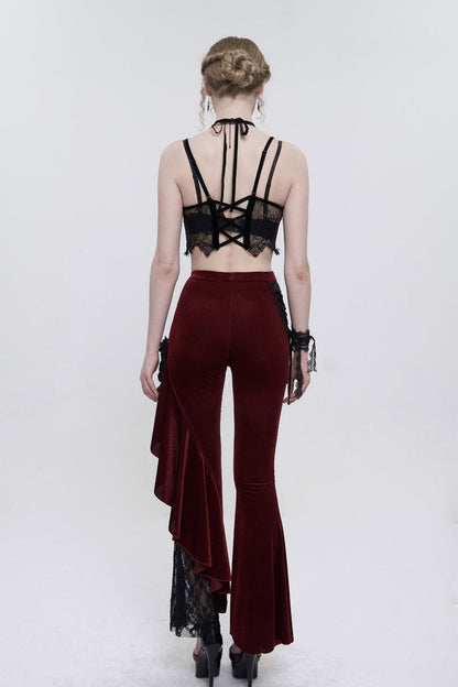 Red Velvet Single Side Stitching Rose Net Side Rope Decoration Asymmetric Pattern Flare Women's Gothic Pants