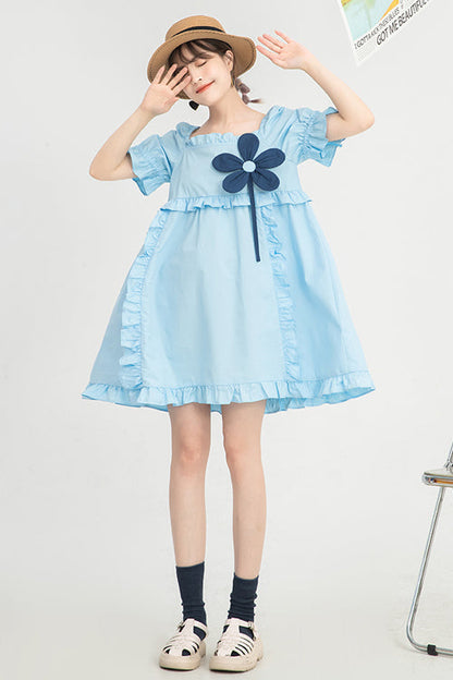 Blue Ruffled Square Collar Flower Accessory Short Sleeves Sweet Lolita Dress