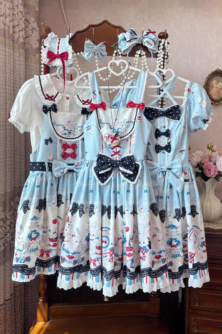 Blue [Mystery Rabbit Tea Party] Sleeveless Print Ruffle Bowknot Lace Sweet Lolita Jsk Dress