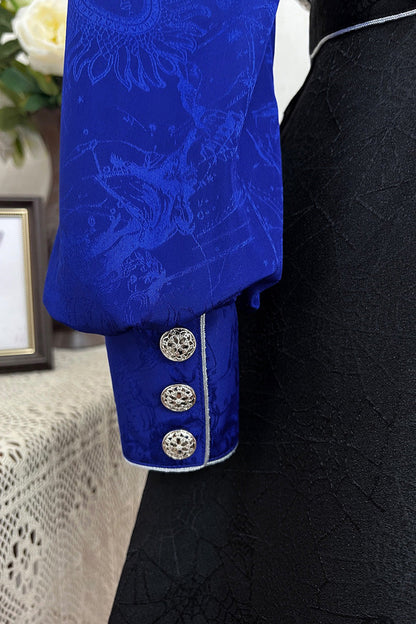 Black/Blue Courtly Knight-Style Long Sleeves Ruffle Embroidery Prince Ouji Lolita Set