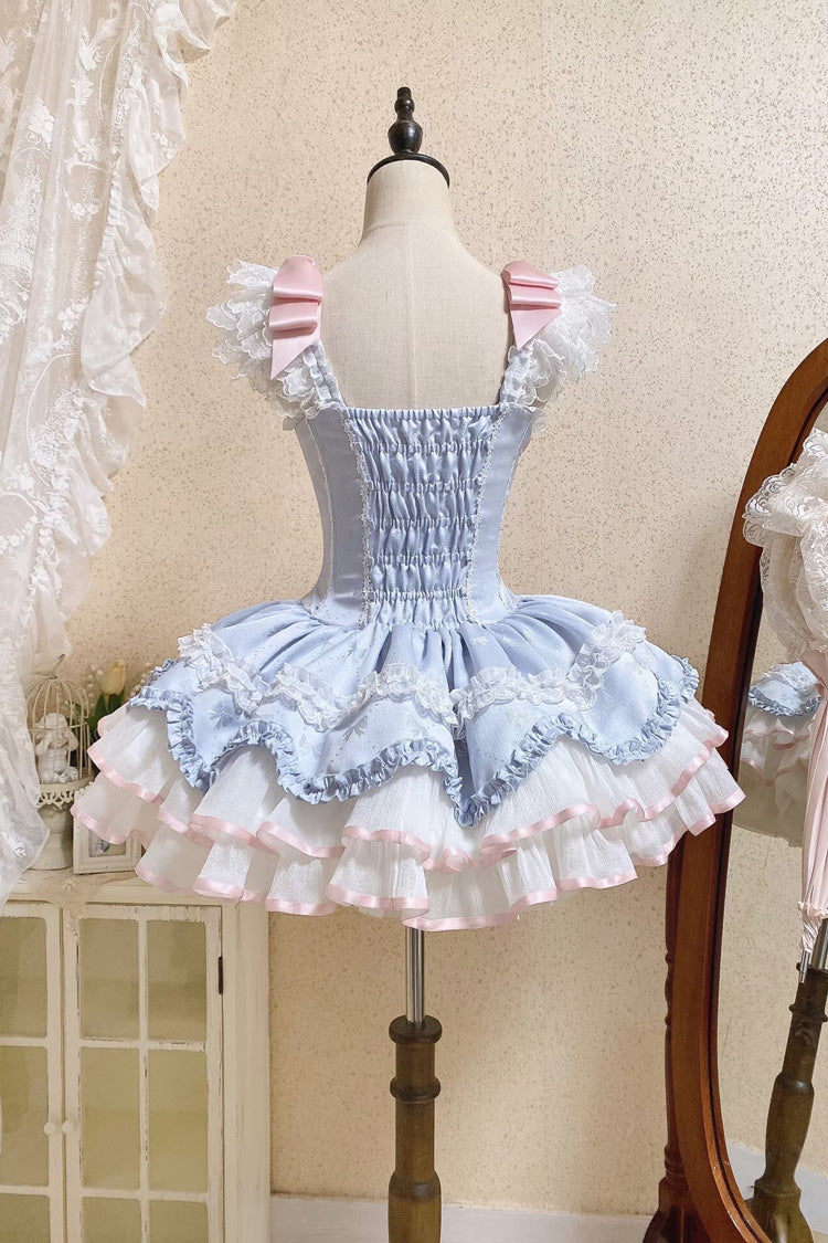 Blue Triple-Layered Ruffled Bow Lace-Up Slim Ballet Sweet Lolita Dress