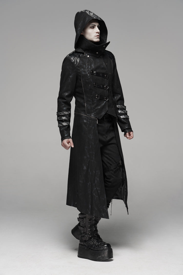 Black Stand Collar Stretch Twill Fabric Hooded Men's Gothic Long Jacket