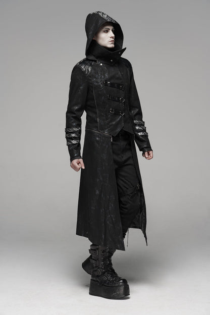 Black Stand Collar Stretch Twill Fabric Hooded Men's Gothic Long Jacket