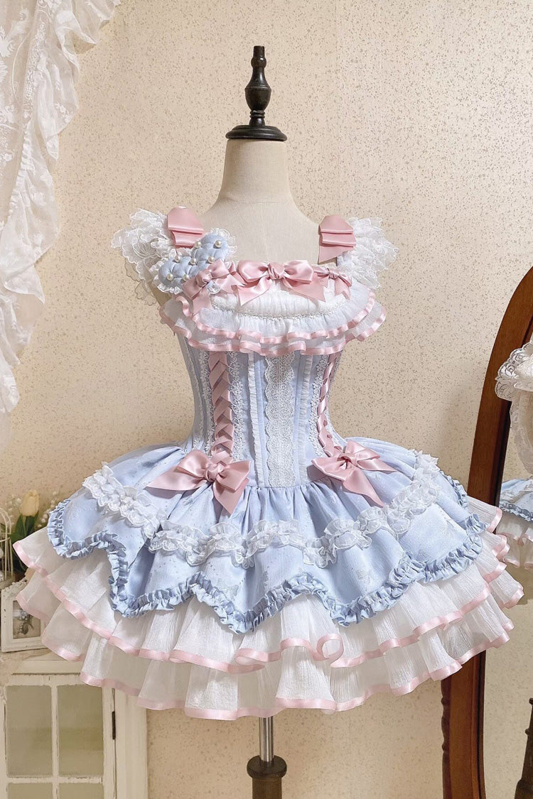 Blue Triple-Layered Ruffled Bow Lace-Up Slim Ballet Sweet Lolita Dress