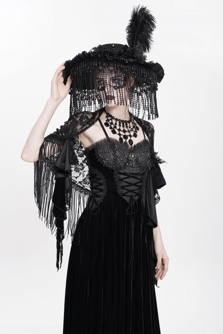 Black Sleeveless Ruffle Lace-Up Plumed Women's Gothic Long Slip Dress