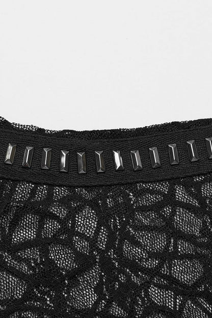 Black Round Collar Short Sleeves Hollow Mesh Women's Gothic Top